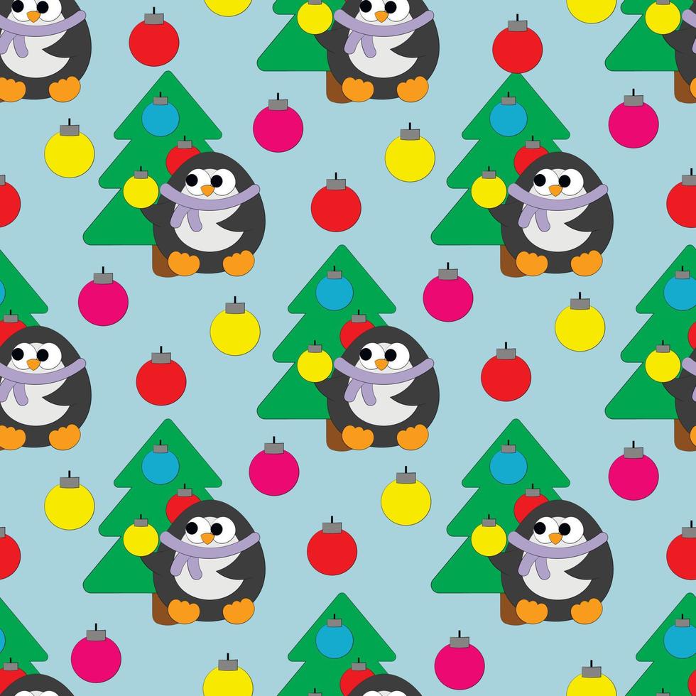 patrón de vector transparente con lindo pingüino de dibujos animados con árbol de navidad y juguetes