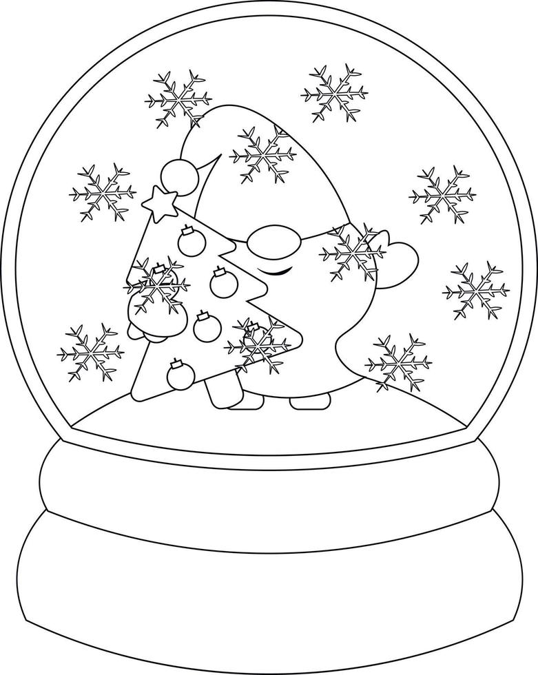 Christmas snowball with Gnome and Christmas tree. Draw illustration in black and white vector