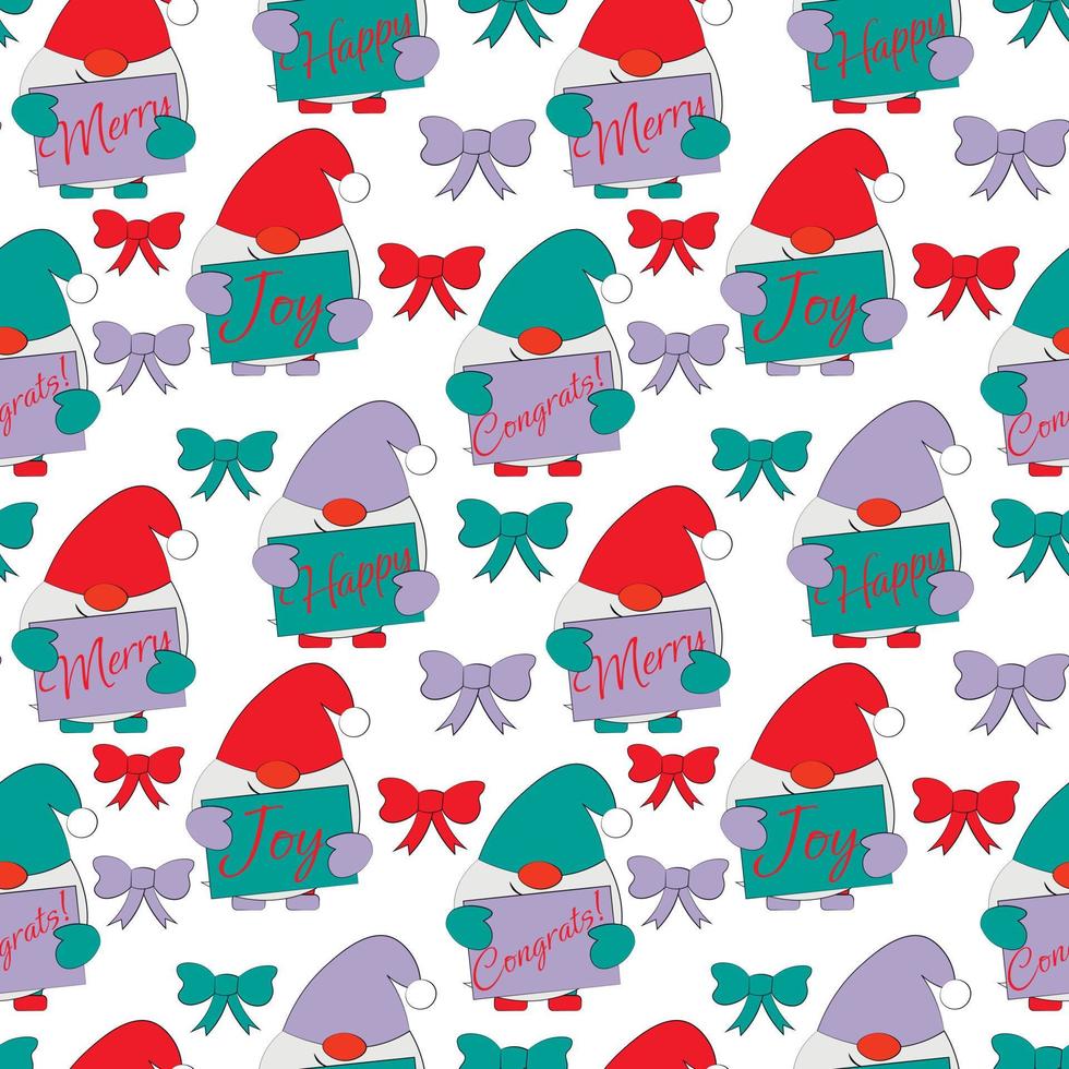 Seamless vector pattern with cute cartoon Gnomes with congratulatory words