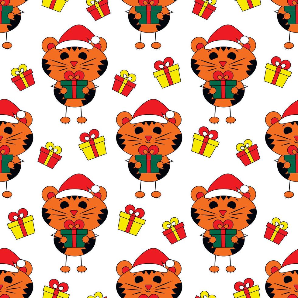 Seamless vector pattern with cute cartoon Tiger with gift box