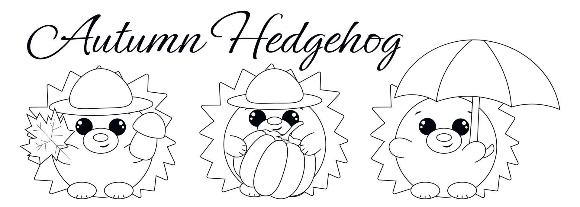 Mini set with cute cartoon autumn hedgehog. Draw illustration in black and white vector