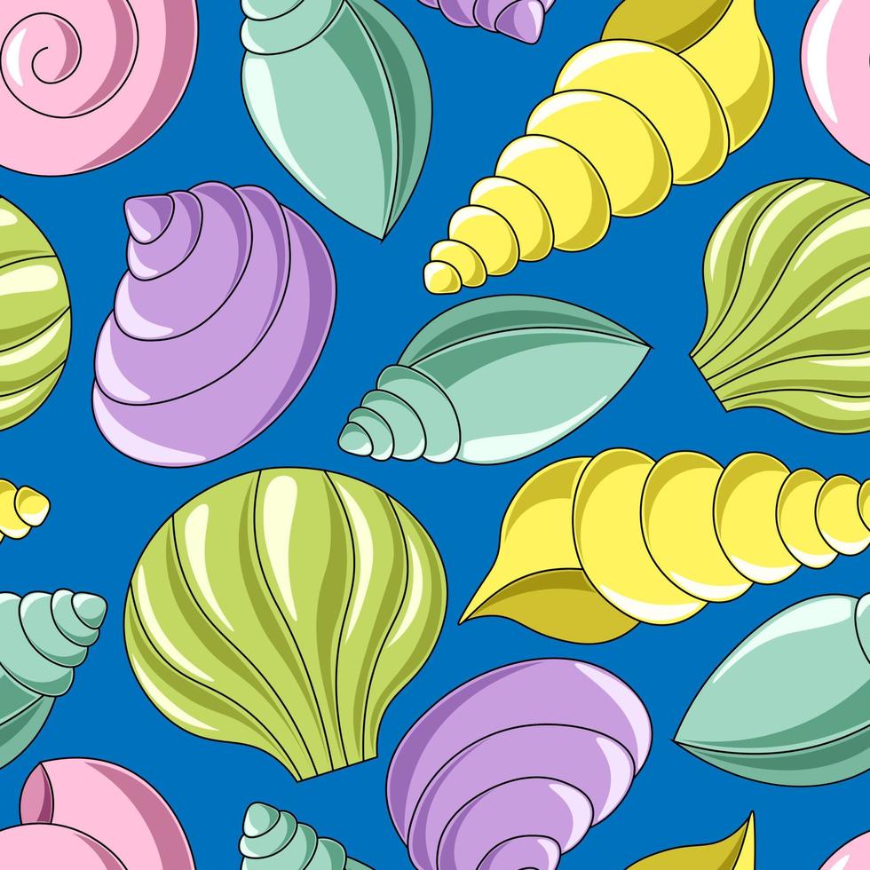 Seamless vector pattern with blue, purple, yellow, green and pink seashells