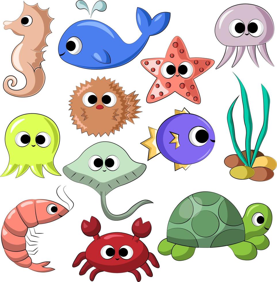 Set with cute cartoon underwaters animals in color vector