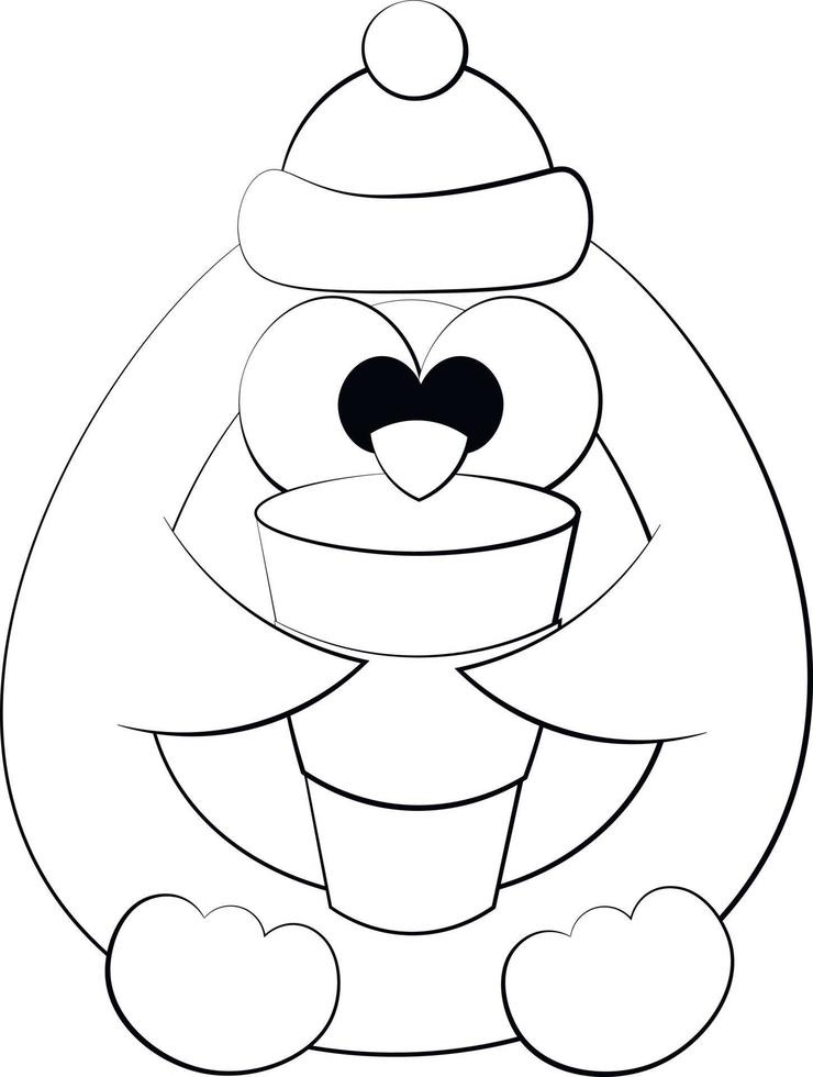 Cute cartoon Penguin with Coffee Cup. Draw illustration in black and white vector