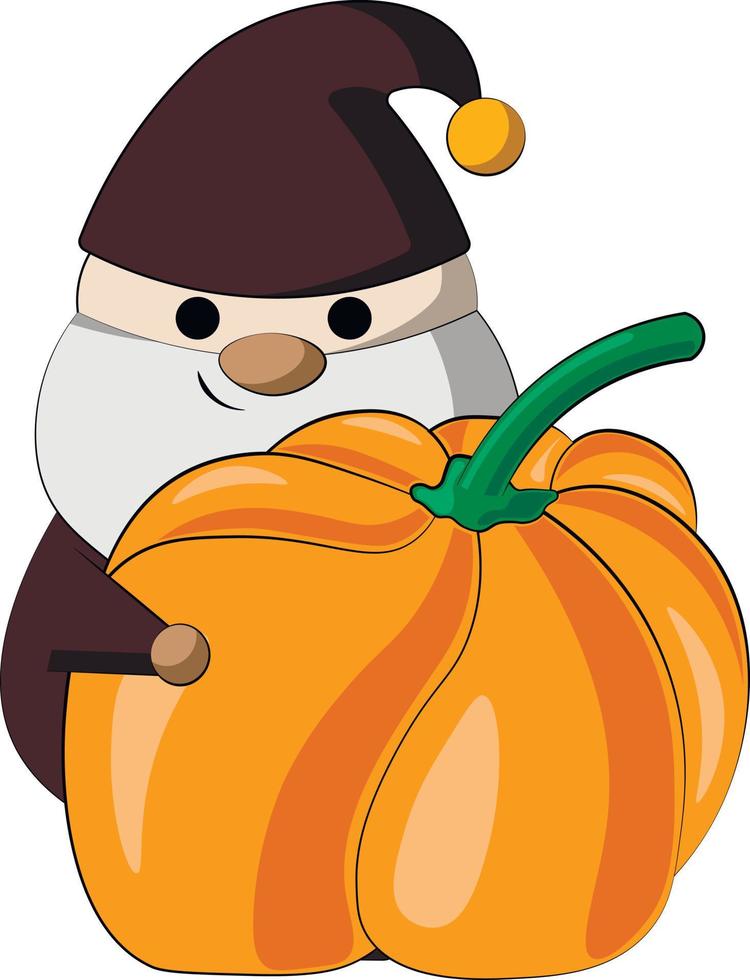 Little autumns Gnome with pumpkin. Draw illustration in color vector