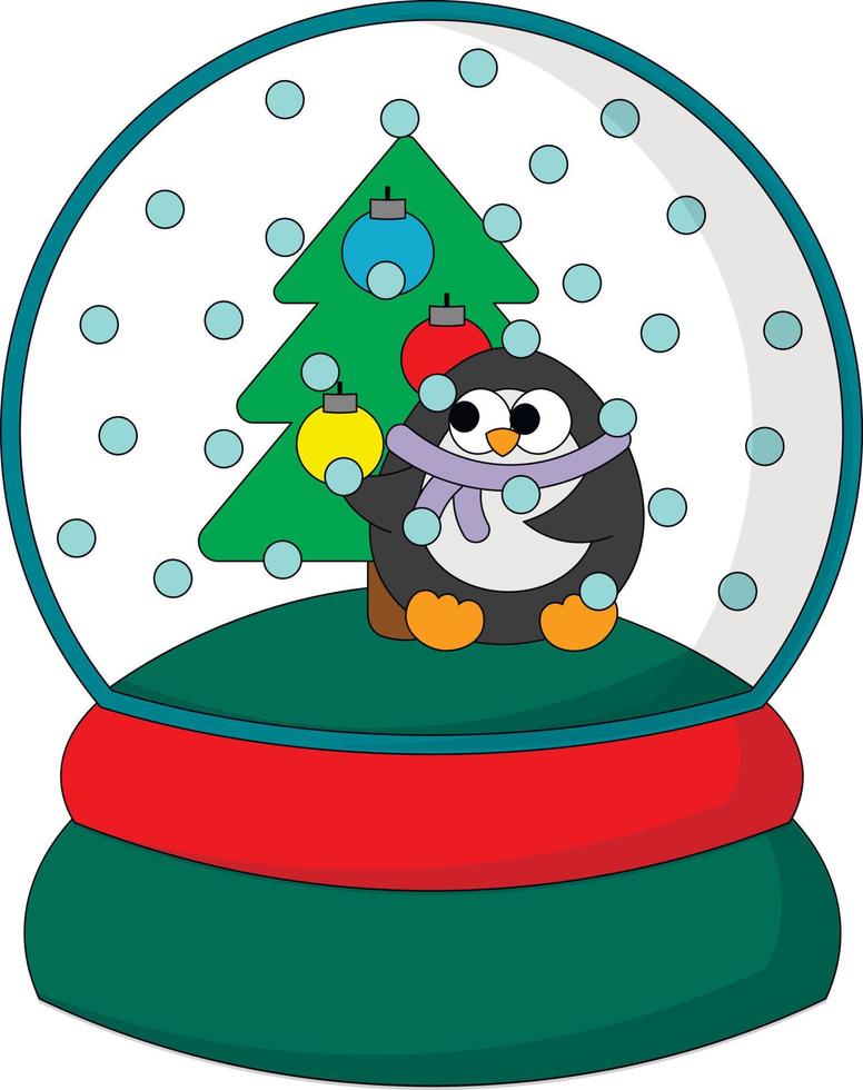 bola de nieve de navidad con pingüino y árbol de navidad. dibujar una ilustración en color vector