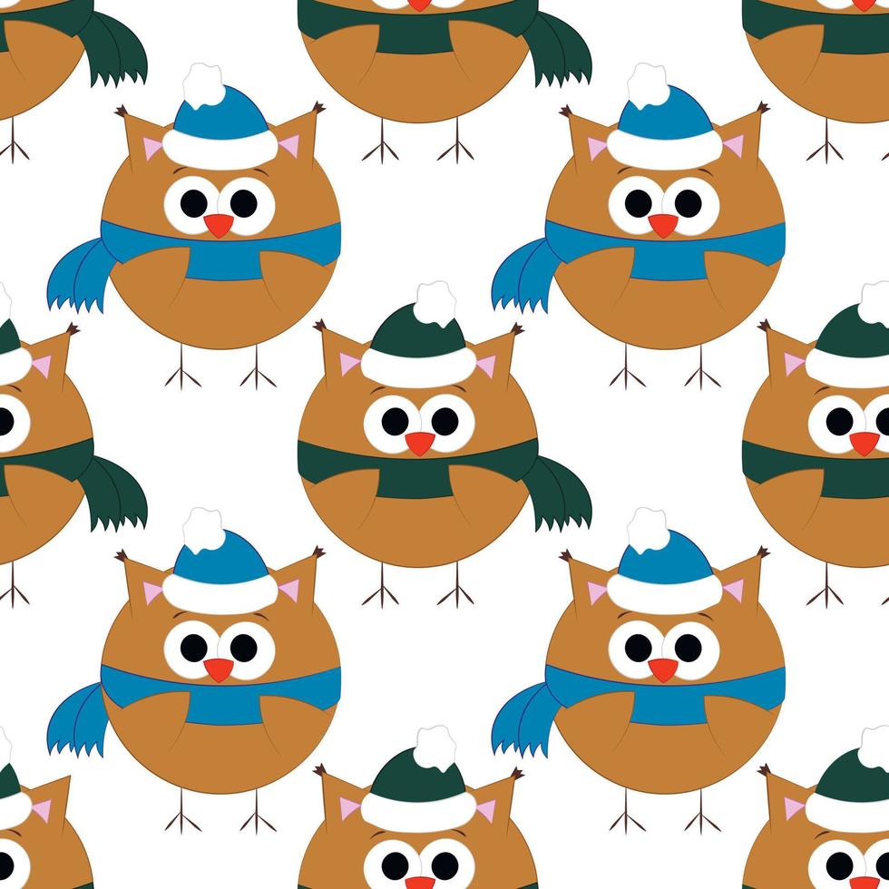 Seamless vector pattern with cute cartoon owl in hat and scarf