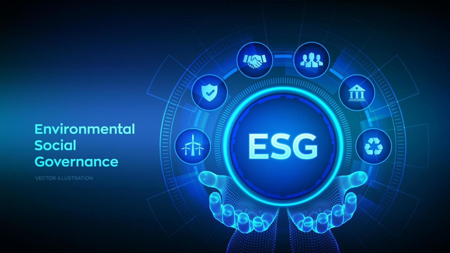 ESG. Environmental Social Governance concept in wireframe hands. Future environmental conservation and ESG modernization development. Business strategy investing concept. Vector illustration.