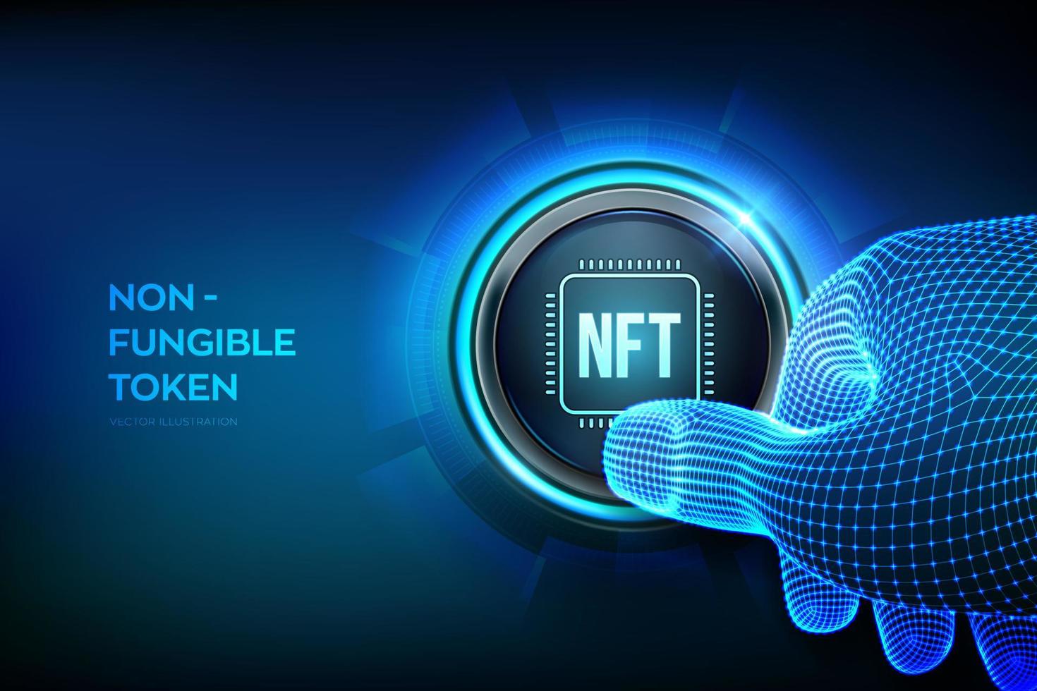 NFT. Non-fungible token digital crypto art blockchain technology concept. Investment in cryptographic. Closeup finger about to press a button. Vector illustration.