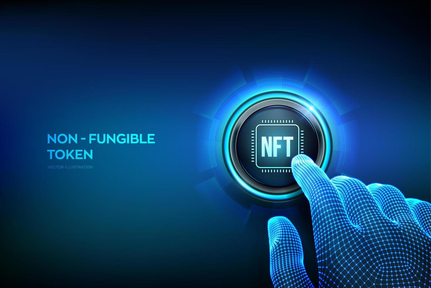 NFT. Non-fungible token digital crypto art blockchain technology concept. Investment in cryptographic. Closeup finger about to press a button. Vector illustration.