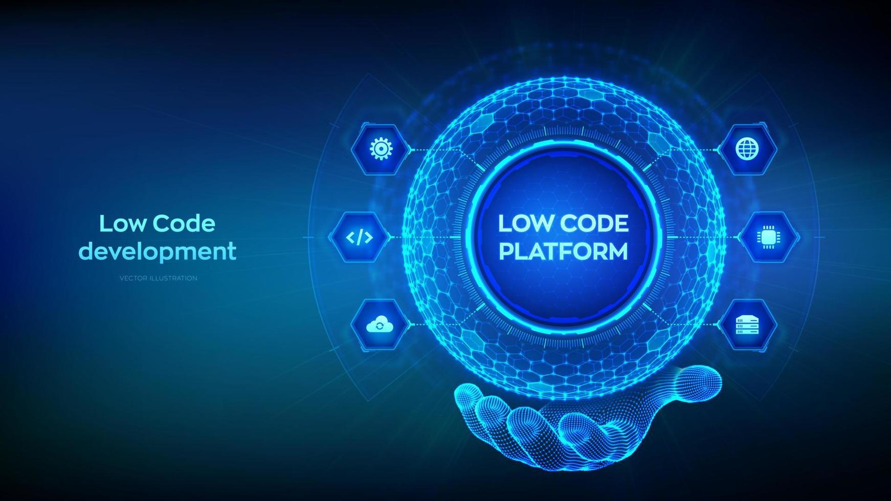 plataforma de código bajo. concepto de tecnología de desarrollo de código bajo. Codificación fácil de lcdp. esfera de rejilla hexagonal en mano de estructura metálica sobre fondo azul. ilustración vectorial vector