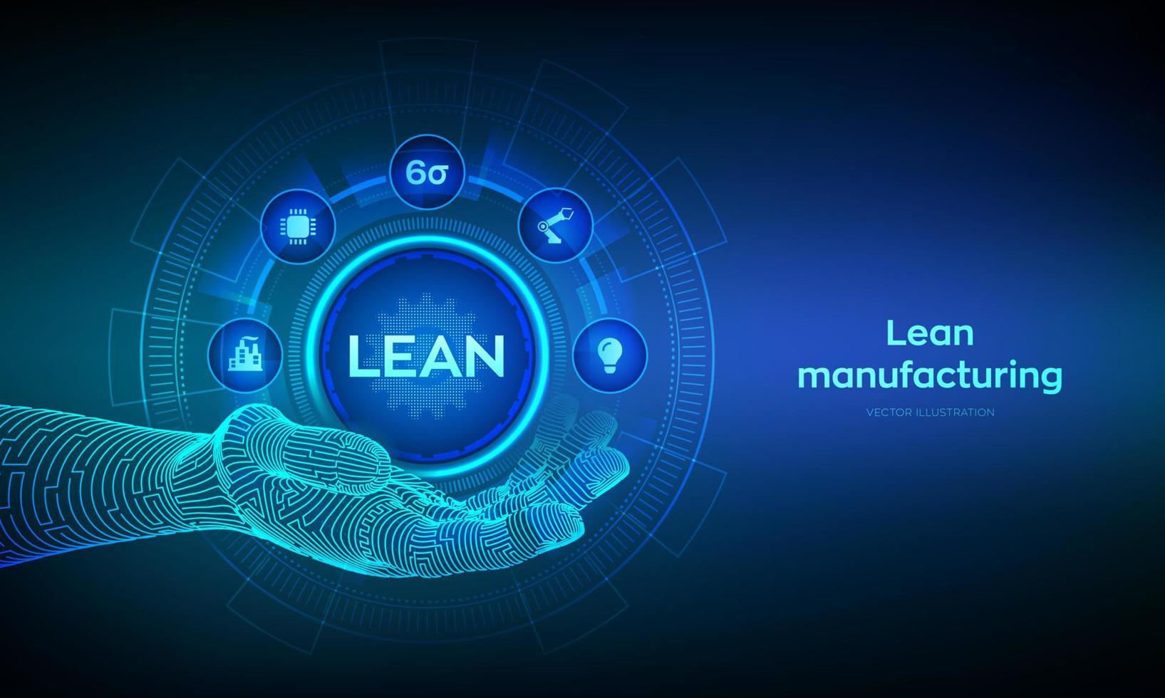 Lean. Six sigma smart industry, quality control, standardization. Lean manufacturing DMAIC. Business and industrial process optimisation concept in robotic hand. Vector illustration.