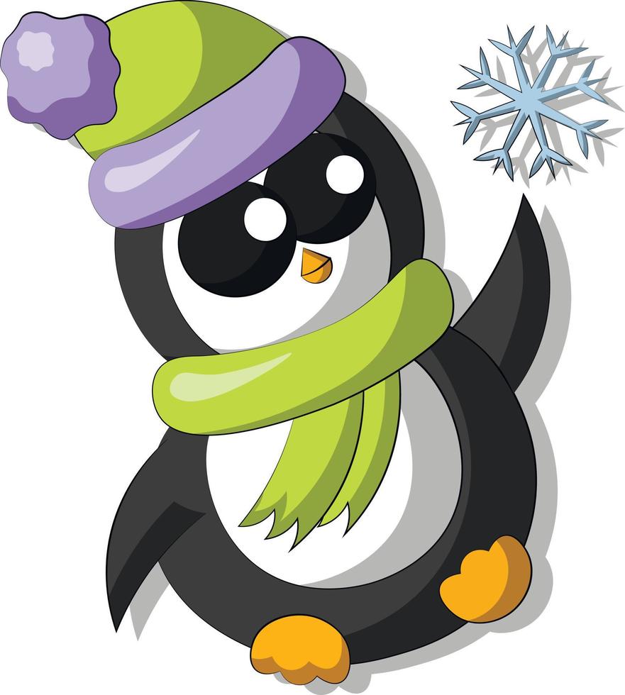 Cute cartoon Penguin with snowflake. Draw illustration in color vector