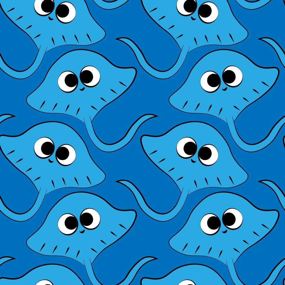 Seamless vector pattern with outline blue cute stingray