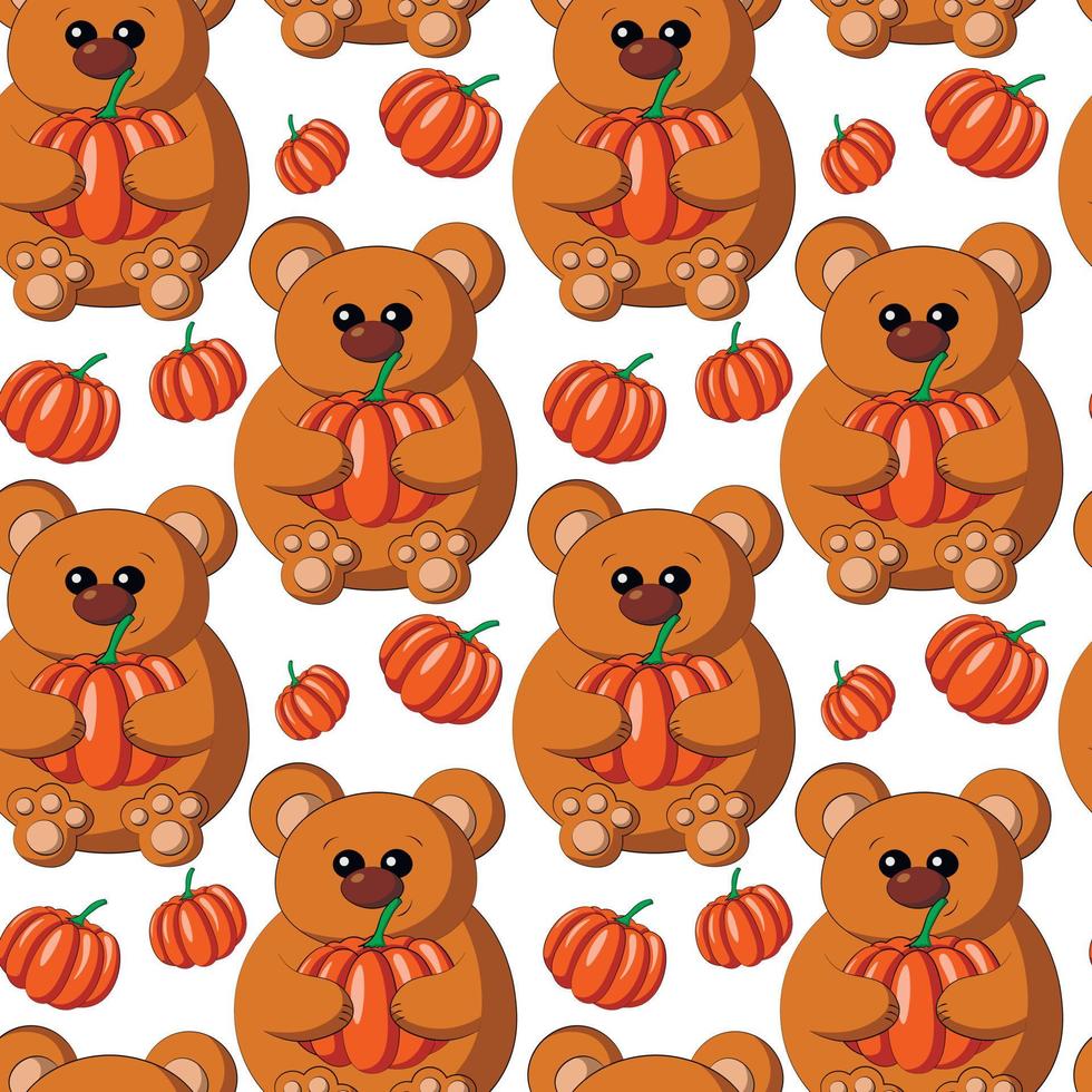 Seamless vector pattern with cute cartoon Bear with Pumpkin