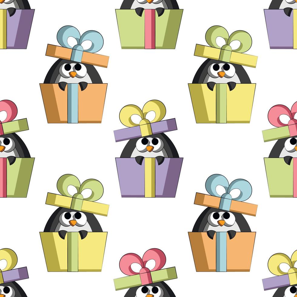 Seamless vector pattern with cute cartoon Penguin in gift box