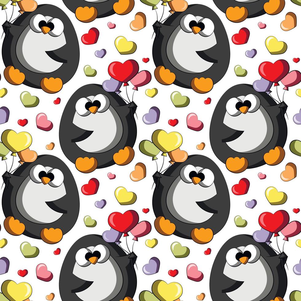 Seamless vector pattern with cute cartoon penguin with ballon in form heart