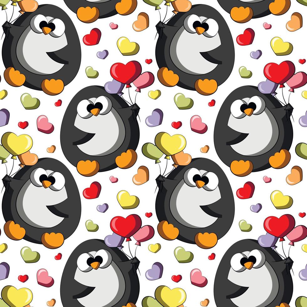 Seamless vector pattern with cute cartoon penguin with ballon in form heart