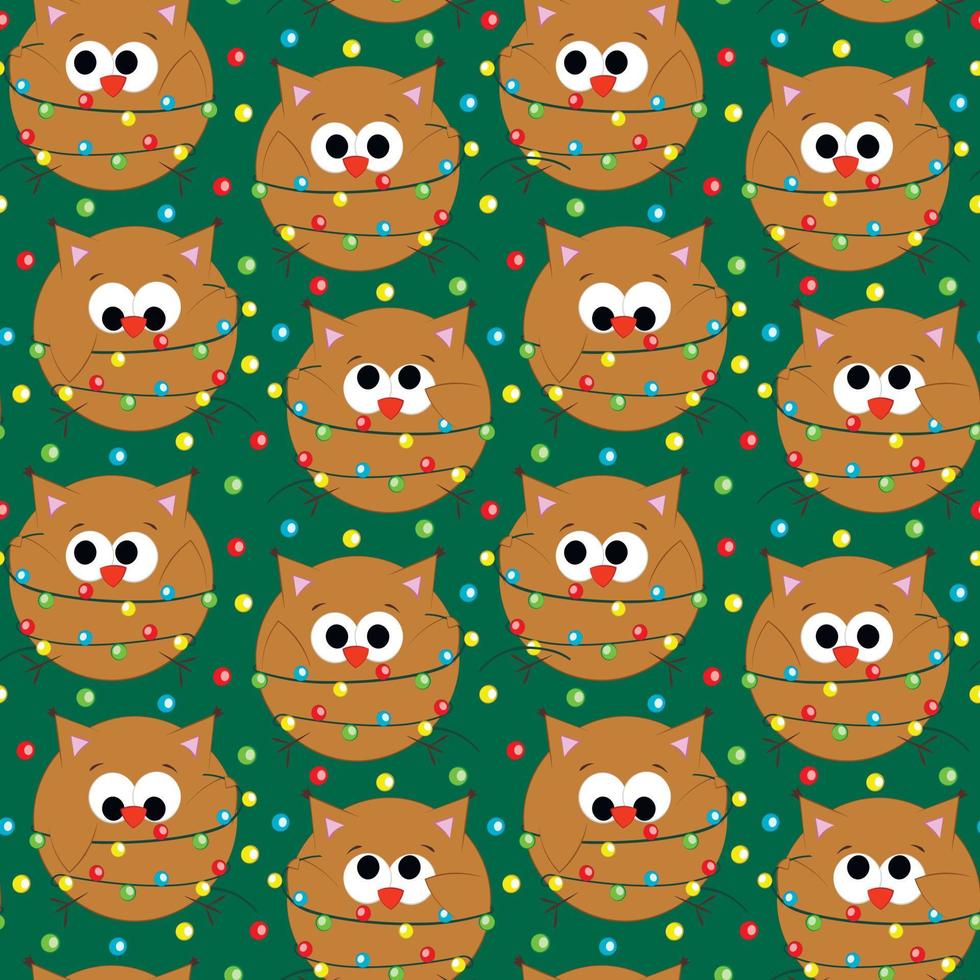 Seamless vector pattern with cute cartoon owl with christmas garland