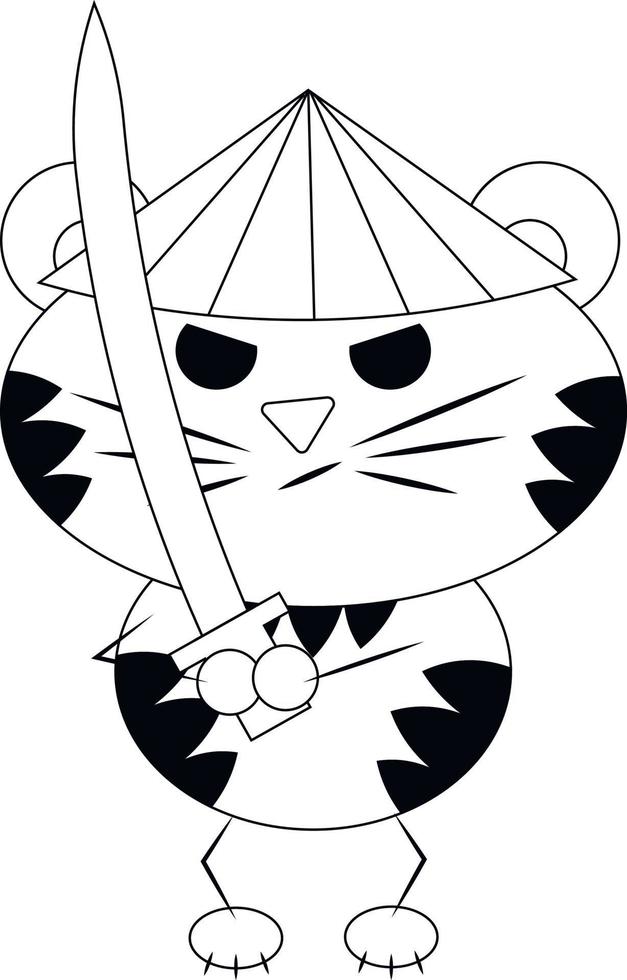 Cute cartoon Tiger Samurai. Draw illustration in black and white vector