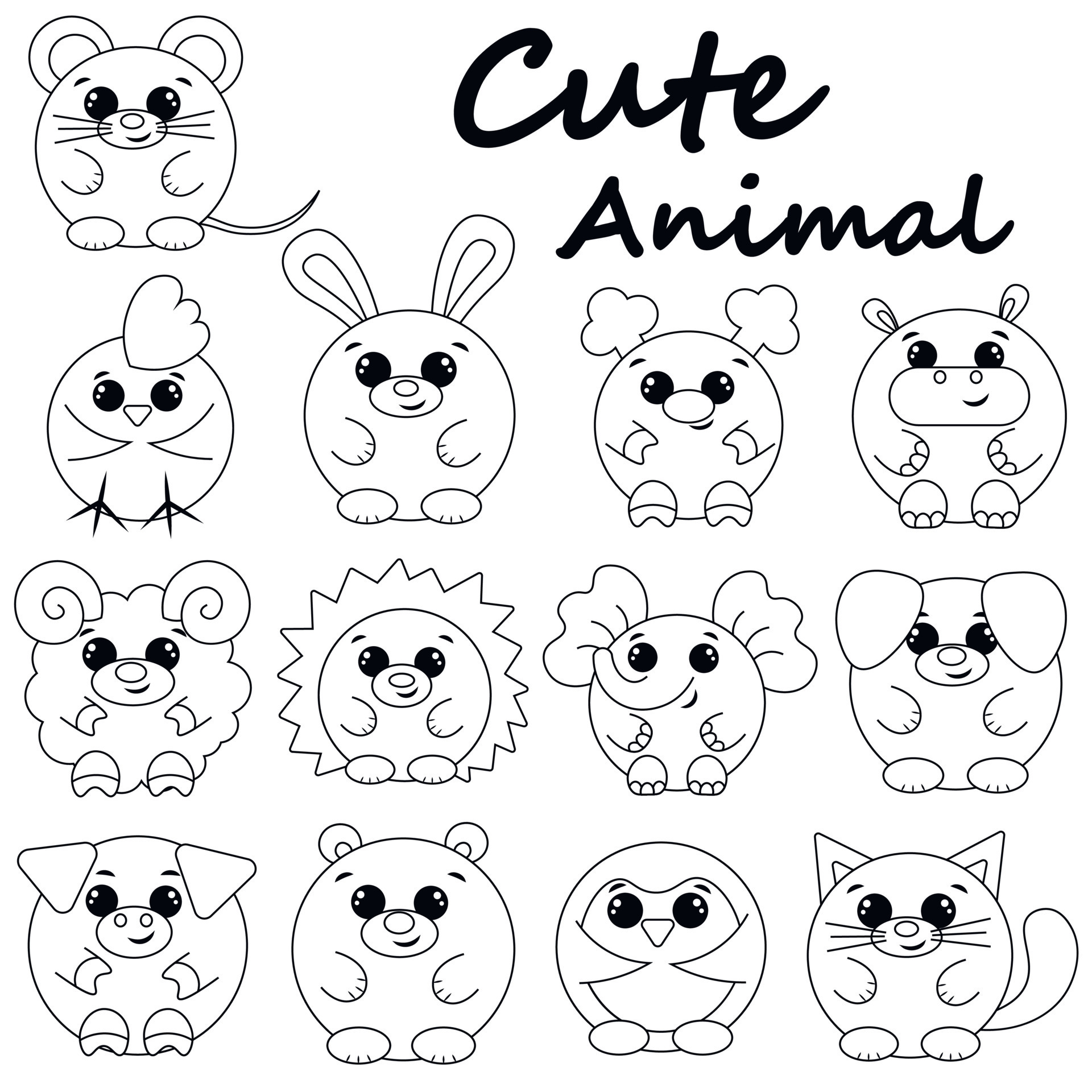 Set cute cartoon round animals. Draw illustration in black and white 8095213 Vector Art at Vecteezy Set cute cartoon round animals. Draw illustration in black and white 8095213 Vector Art at Vecteezy
