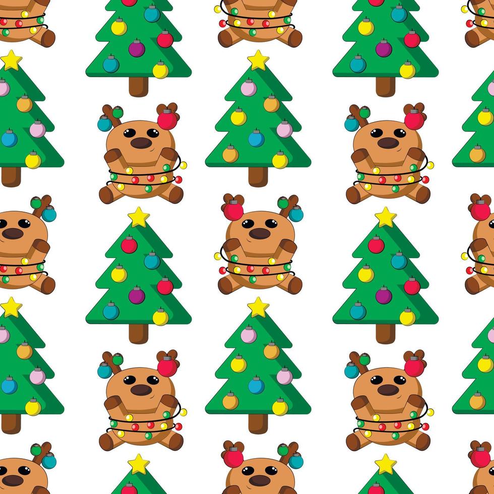 Seamless vector pattern with cute cartoon reindeer with christmas tree and garland