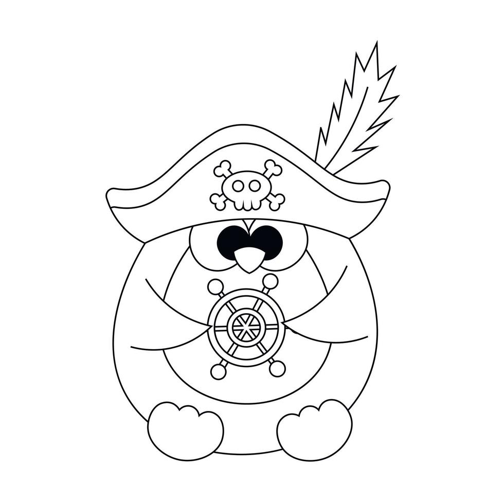 lindo pingüino pirata de dibujos animados. dibujar ilustraciones en blanco y negro vector