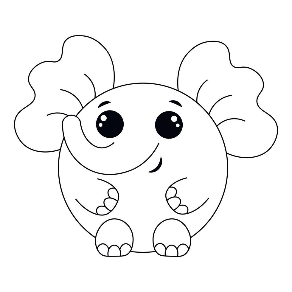 Cute cartoon round Elephant. Draw illustration in black and white vector