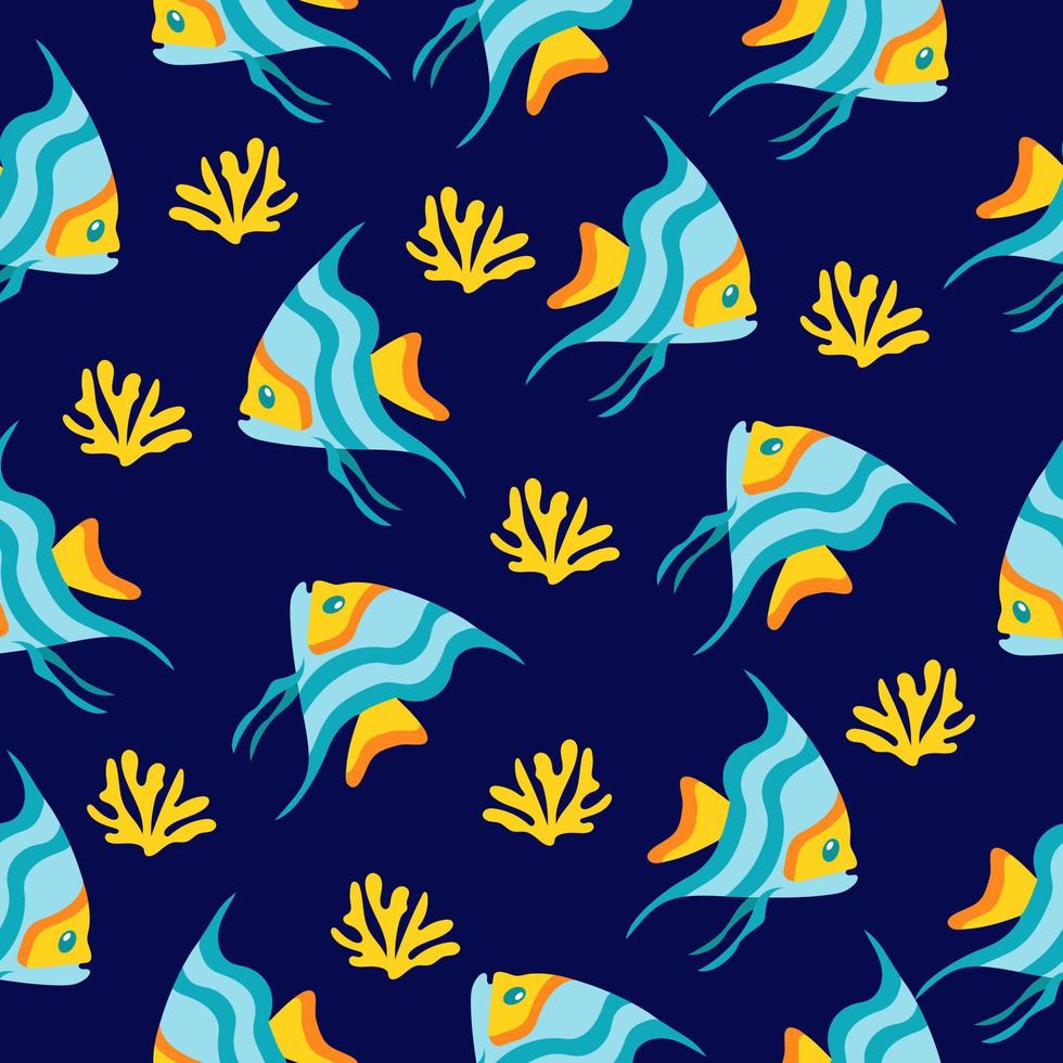 Seamless pattern with cute cartoon exotic fish and coral. vector