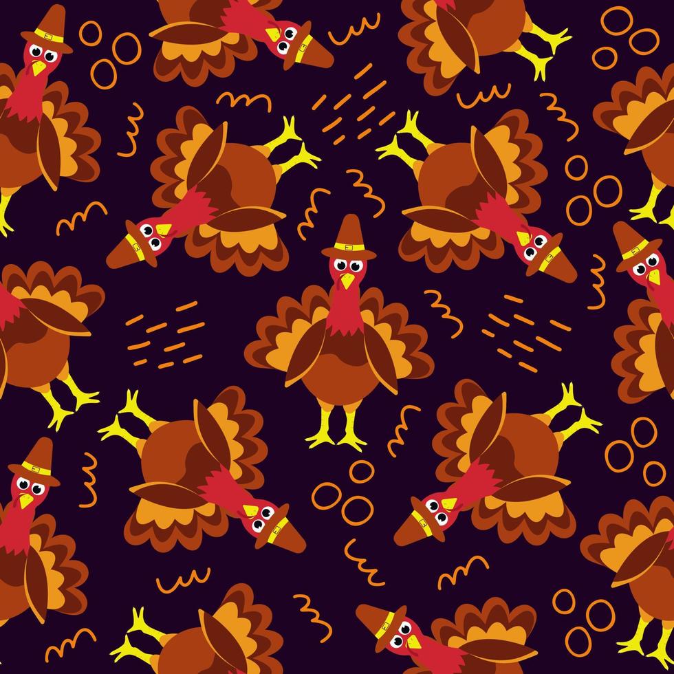 Seamless pattern with cute cartoon turkey and abstract shapes. vector