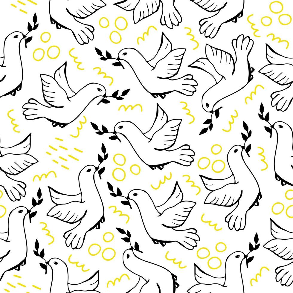 Seamless pattern with cute doodle dove and abstract shapes. vector