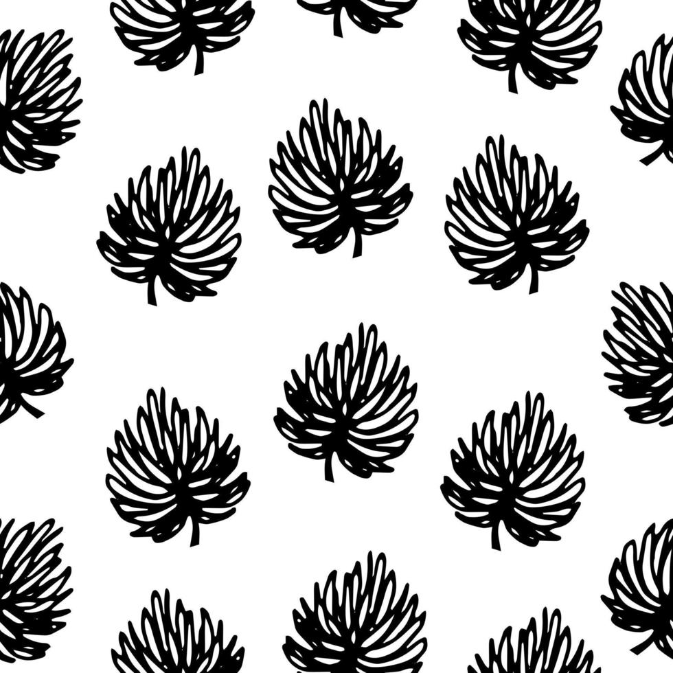 Seamless scandinavian pattern with cute doodle outline exotic leaves. vector