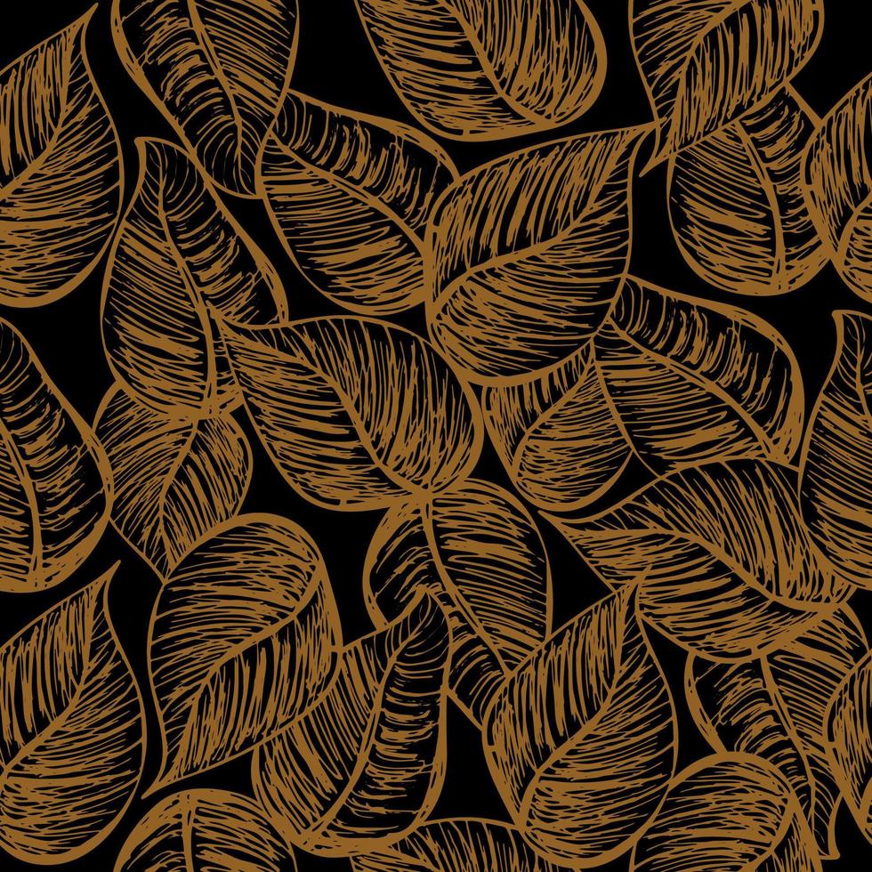 Seamless luxury pattern with cute doodle gold outline leaves. vector