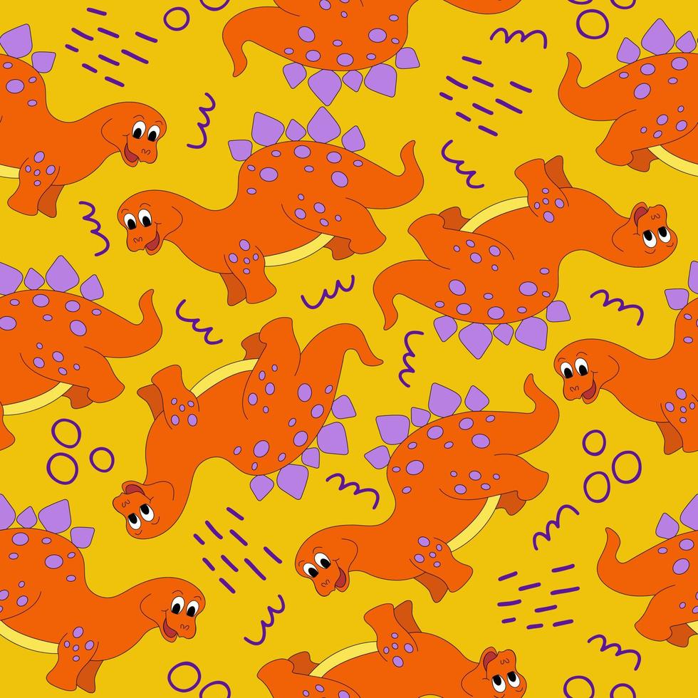 Seamless pattern with cute cartoon dinosaur and abstract shapes. vector