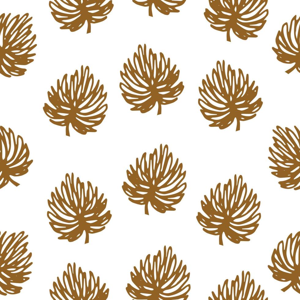 Seamless scandinavian pattern with cute doodle gold outline exotic leaves. vector