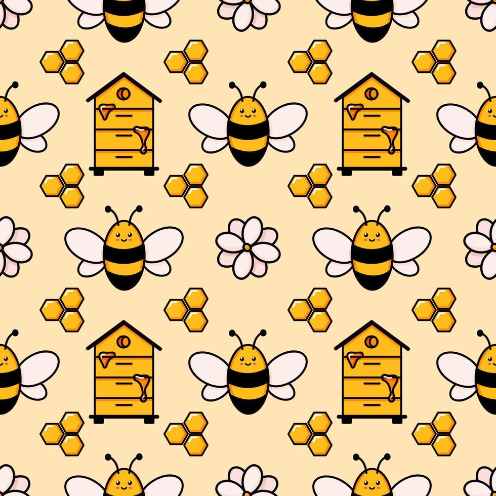 Cute honey bee seamless pattern. Vector doodle cartoon beehive, flowers and honeycombs illustration digital paper isolated on white background for kids fabric prints