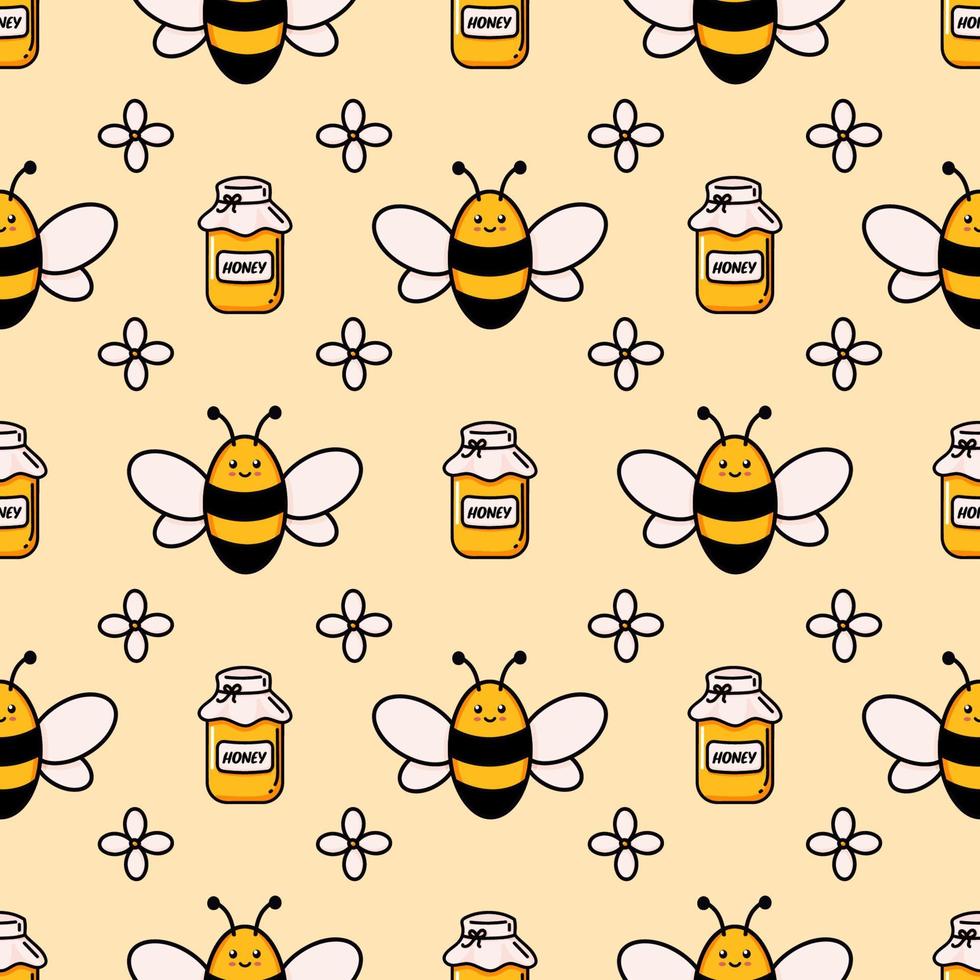 Cute honey bee seamless pattern. Vector doodle cartoon beehive, flowers and honeycombs illustration digital paper isolated on white background for kids fabric prints