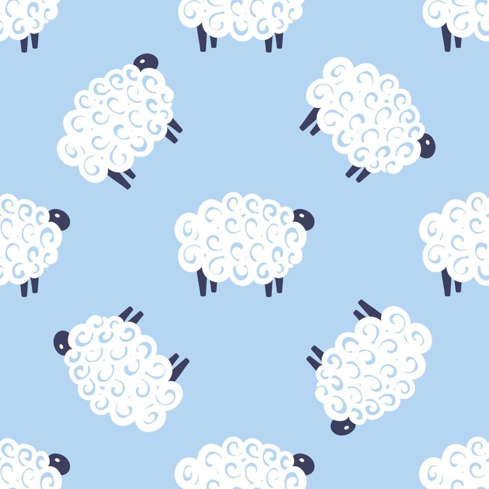 Cute sheep vector seamless pattern kids sweet dreams illustration on blue background. Baby shower background. Child drawing flat style white sheep. Kids design for fabric