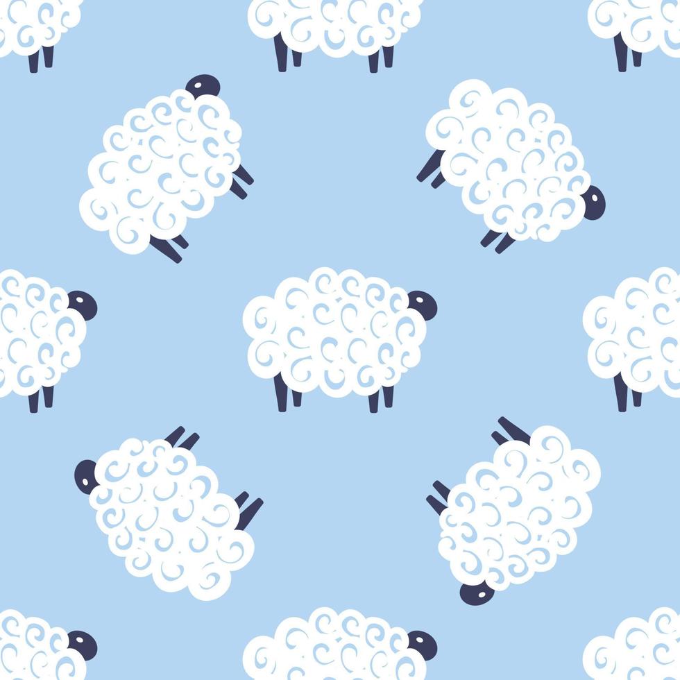 Cute sheep vector seamless pattern kids sweet dreams illustration on blue background. Baby shower background. Child drawing flat style white sheep. Kids design for fabric