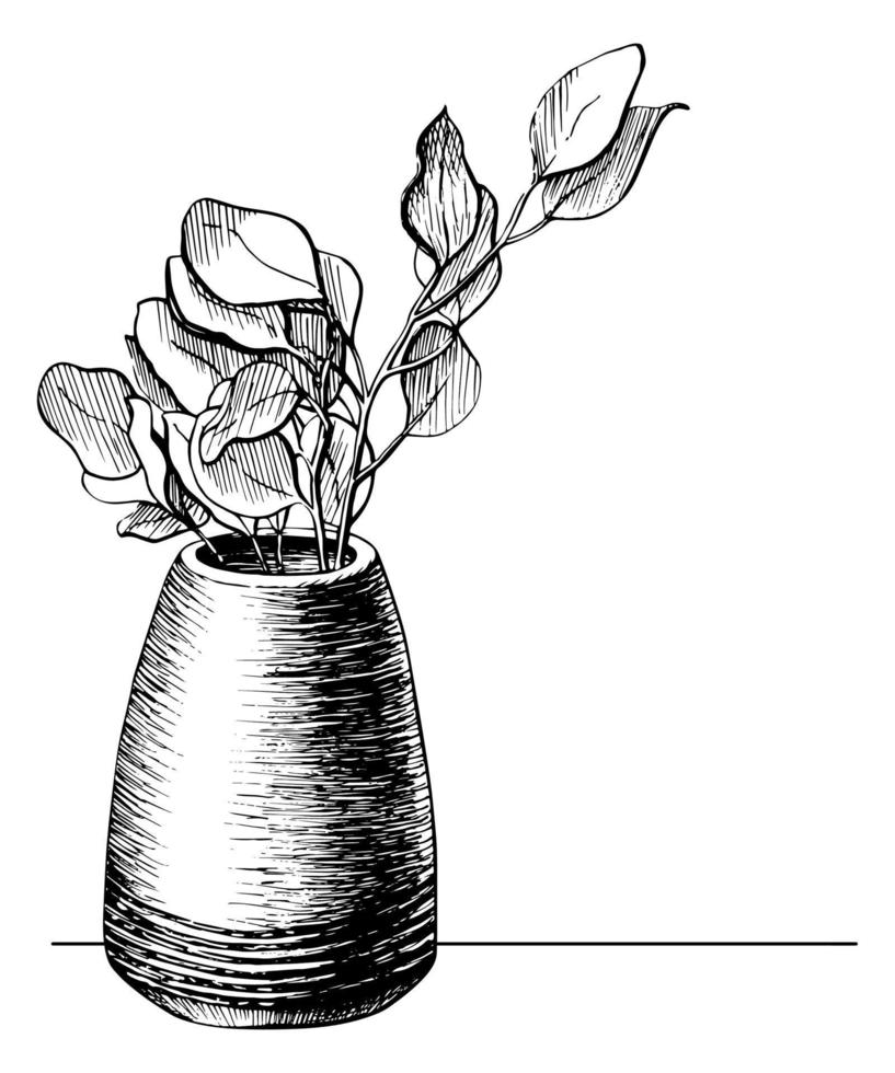 flor en un dibujo lineal de maceta. rama de árbol en una ilustración de dibujado a mano de vector de florero. bosquejo de la primavera de la naturaleza de una planta aislada en el fondo blanco