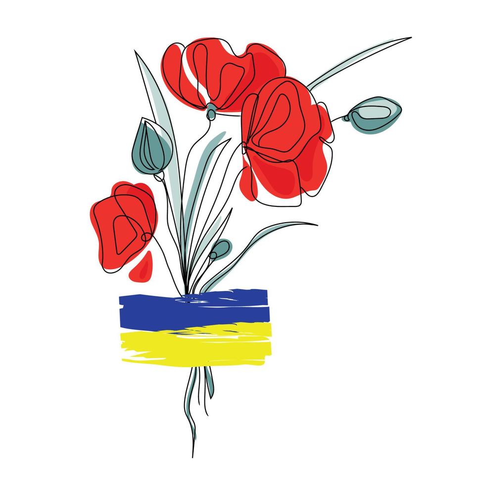 Ukraine symbol Red poppies flowers with Blue-yellow flag of Ukraine,sign of peace and solidarity,vector illustration isolated on white background.Support ukraine concept.Logo design,print,emblem vector