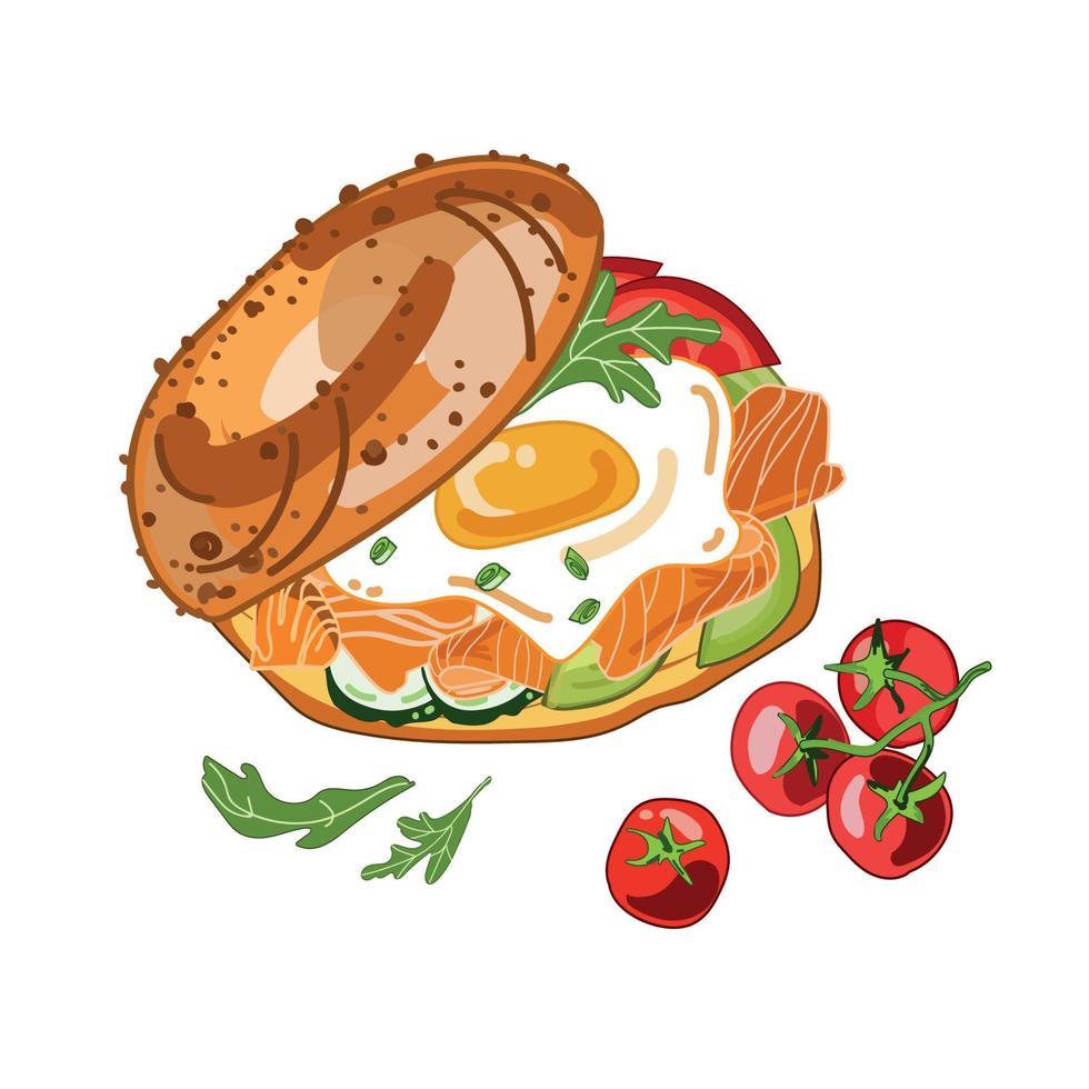 Bagel sandwich with salmon or smoked salmon vegetables and egg,vector food illustration isolated on white background.Cartoon realistic sandwich drawing.Great breakfast and healthy snack.Healthy meal vector