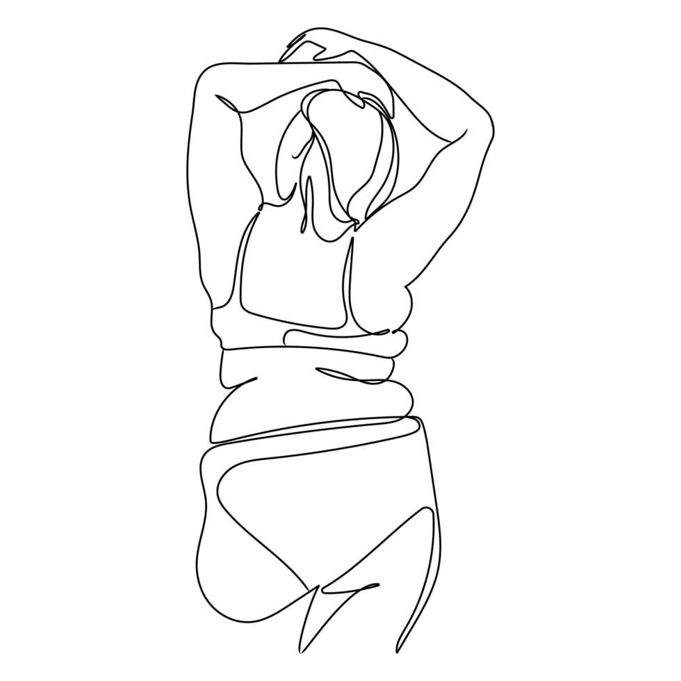 Minimal art curvy woman in line art style vector illustration isolated on white background. Positive person.Plus size girl in underwear back view,continuous line art design.