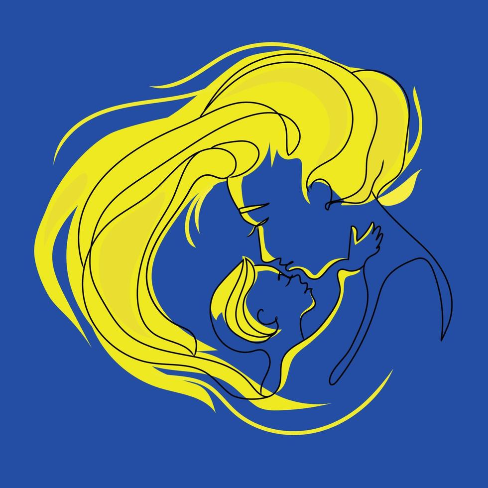 Ukrainian woman with child Minimalist Abstract Art vector illustration in the colors of the Ukrainian flag, blue yellow design.Mother and baby.Mother's love for the child.Save concept.Design element