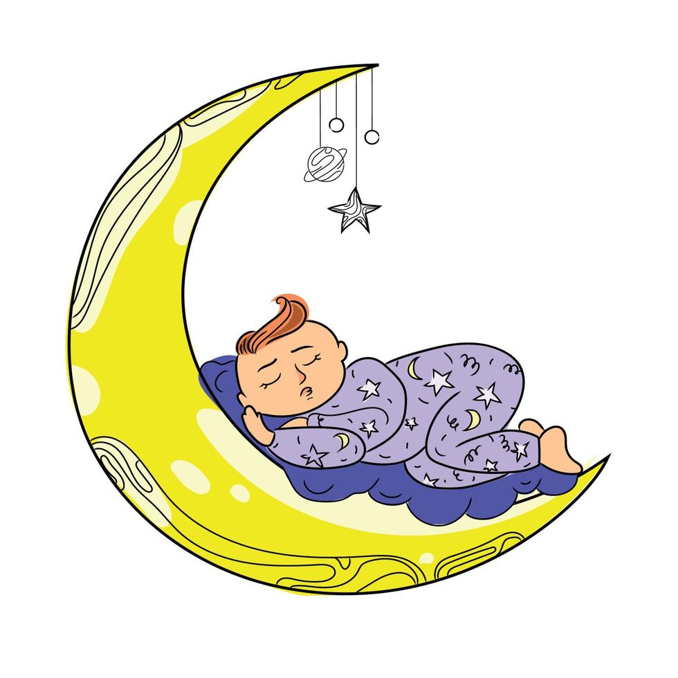 lindo bebé durmiendo en la ilustración de dibujos animados de vector de luna aislado sobre fondo blanco.sueño de bebé recién nacido.gráfico de niño.infancia feliz.concepto de hora de acostarse.