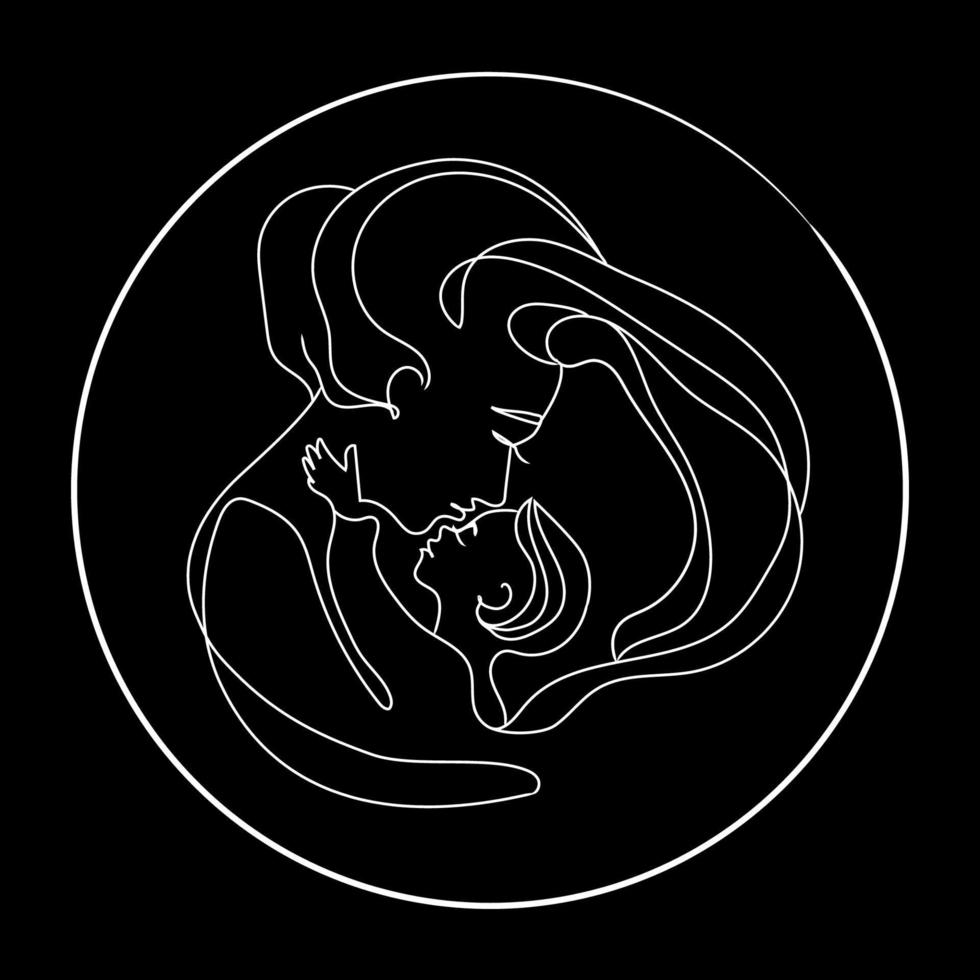 Abstract mother with baby in continuous one line drawing style vector icon,emblem, on black background. Mother's Day card. A woman kisses her child. Happy motherhood concept.Modern vector illustration