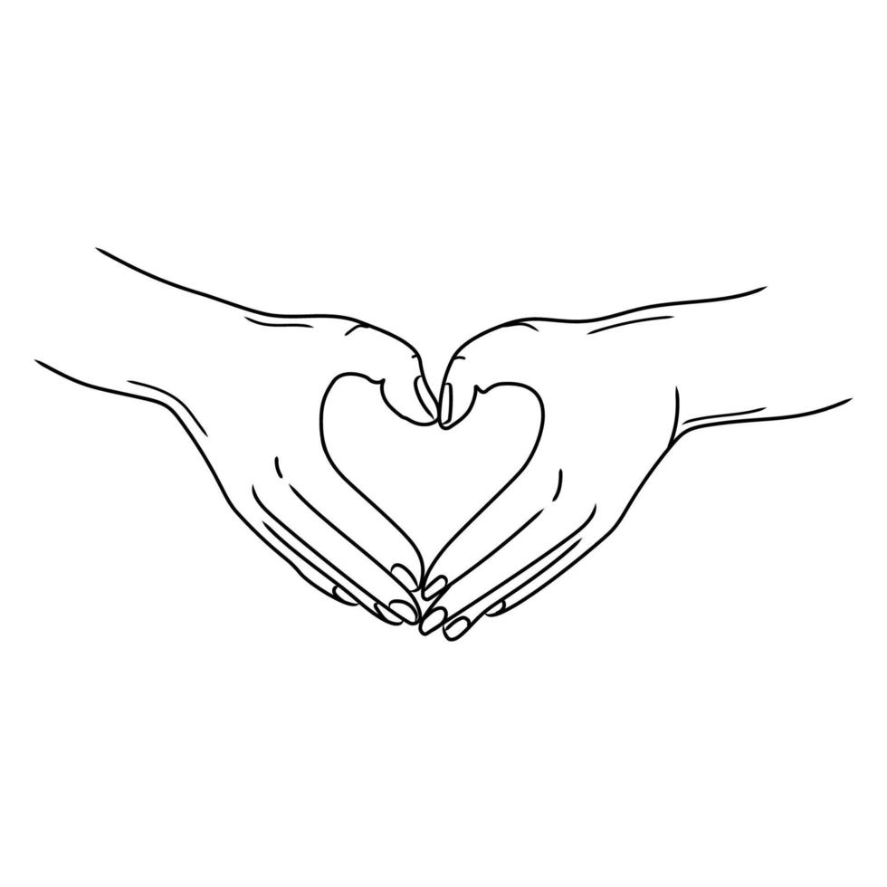 Hands showing heart shape gesture, Hand drawn vector line art illustration.Hands making or formatting a heart. Symbol icon.Black and white sketch.Love symbol