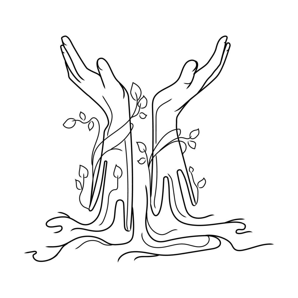 Vector human open hands growing from ground with roots branches and leaves line art drawing isolated on white background.Hand drawn cupped hands illustration.Support,hope and peace concept.Logo,emblem