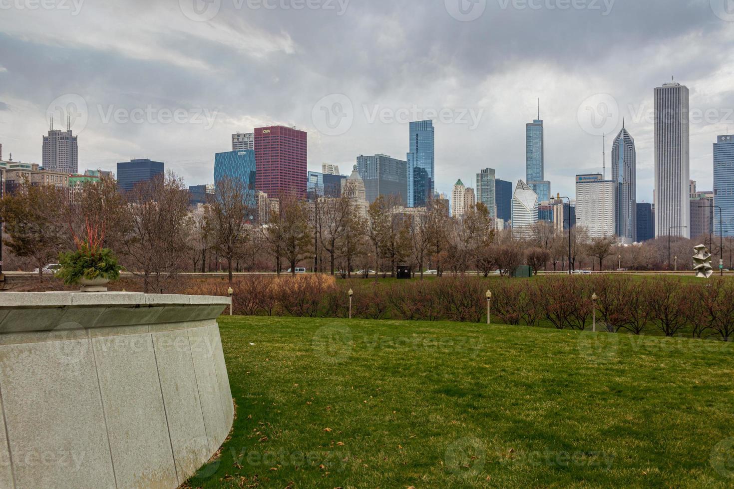 Chicago Skyline  from the lawn at the Field Museum daylight view with clouds in the sky photo