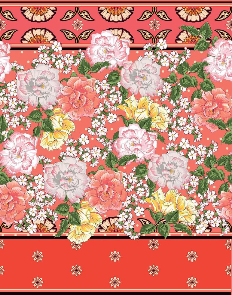 Floral pattern with roses, flowers and leaves with borders, design for textiles and decoration vector